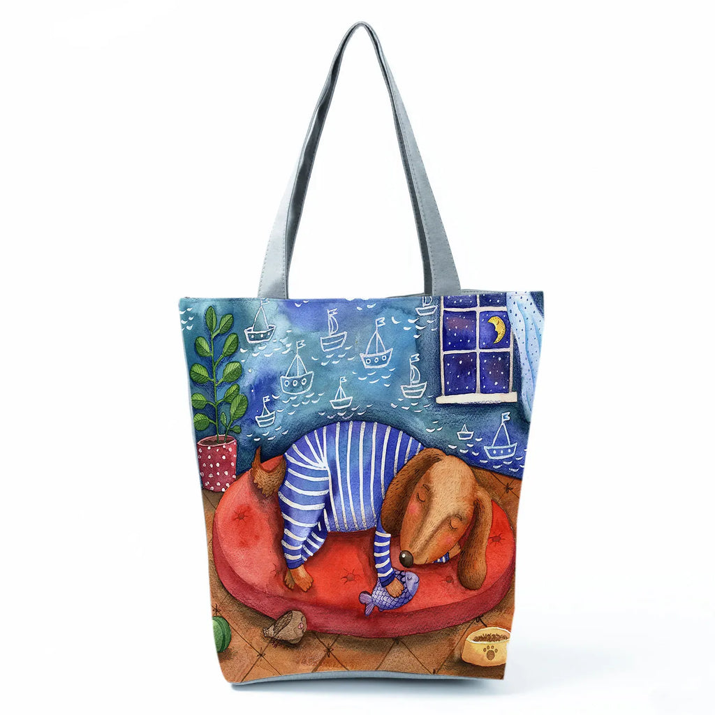 Dachshund Printed Handbag Women High Capacity Tote Bag