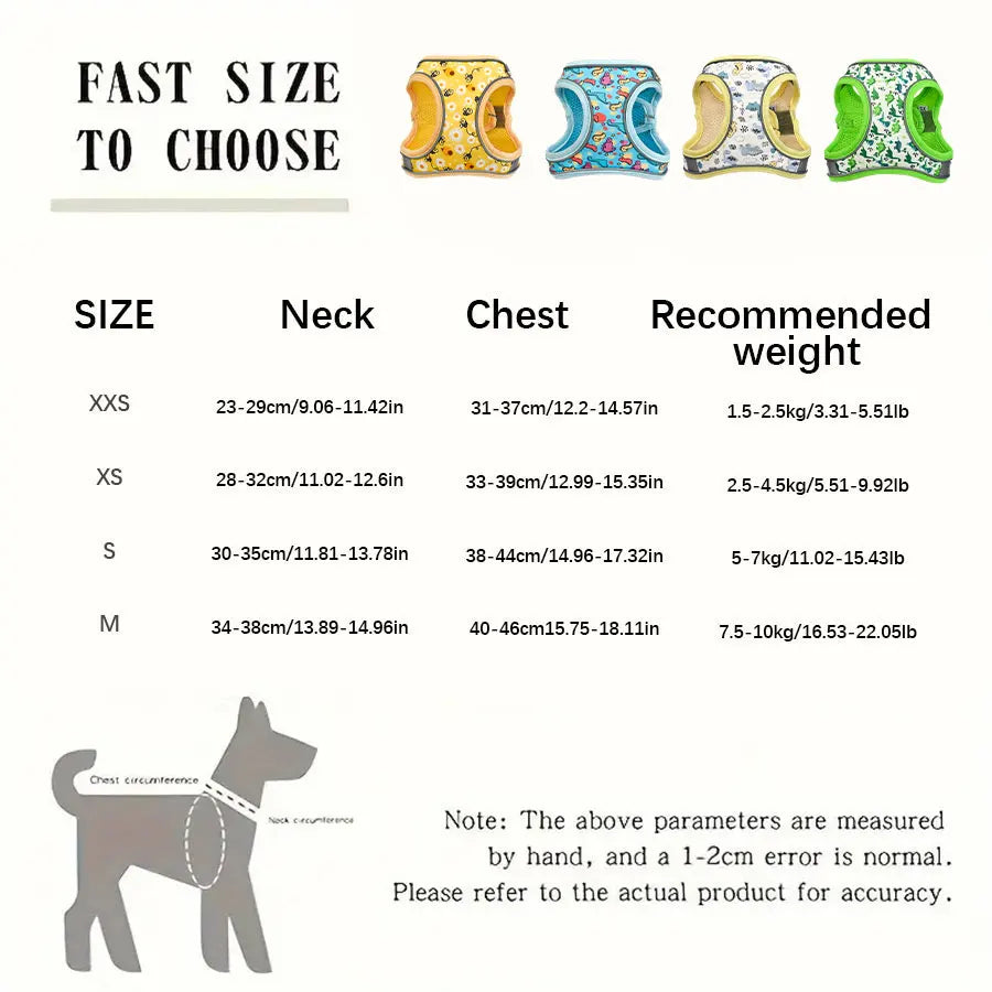 DH009Cartoon-Dog harness and leash set features a breathable honeycomb mesh design to prevent overheating and sweating.