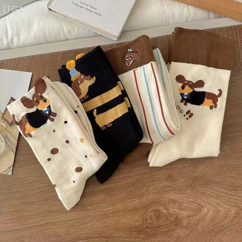 【N】 Funny Dachshund Animal Cotton Socks, Sausage Dog Cartoon Print Autumn Winter Warm Cute Couple Socks