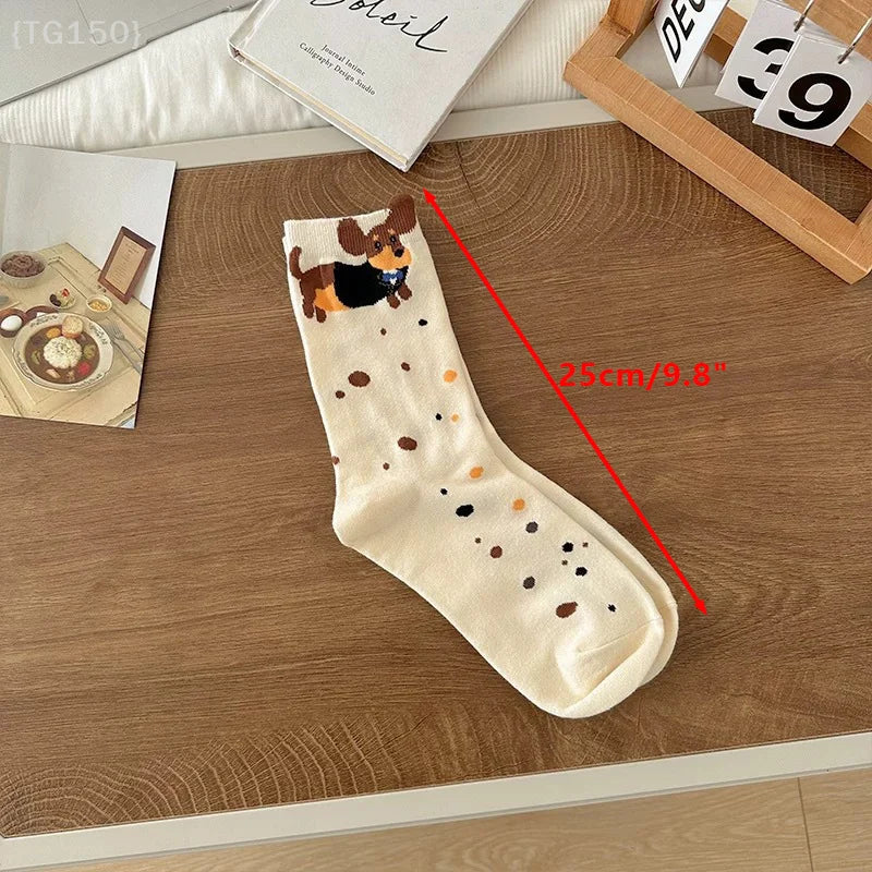 【N】 Funny Dachshund Animal Cotton Socks, Sausage Dog Cartoon Print Autumn Winter Warm Cute Couple Socks