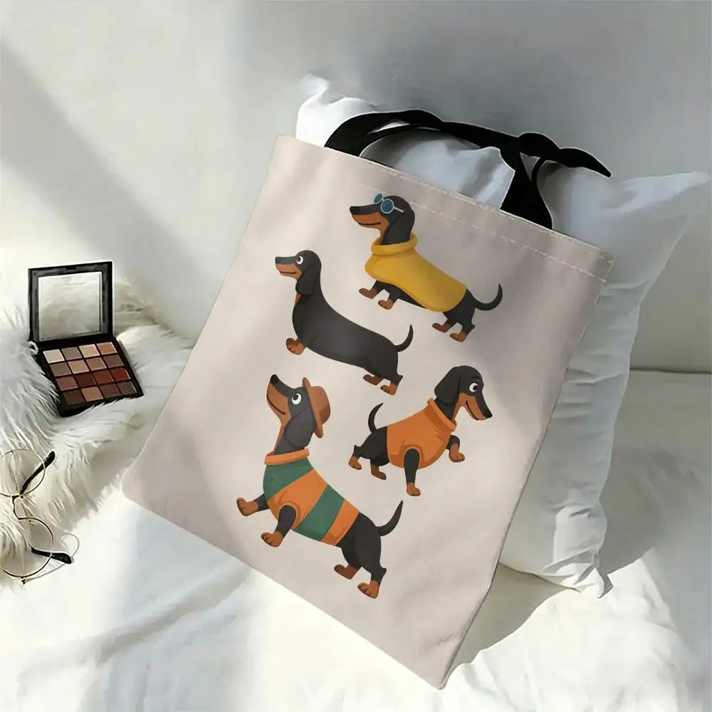 Cute Dachshund Art Canvas Double-Sided Print Tote Bag Large Capacity