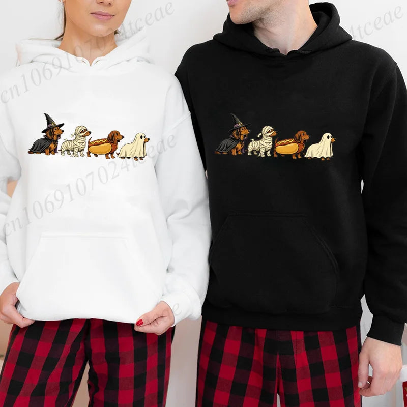 Halloween Dachshund Hoodie Women Men Matching Family Graphic Hooded Sweatshirts Halloween Cute Weiner Dog Halloween Design Hoody