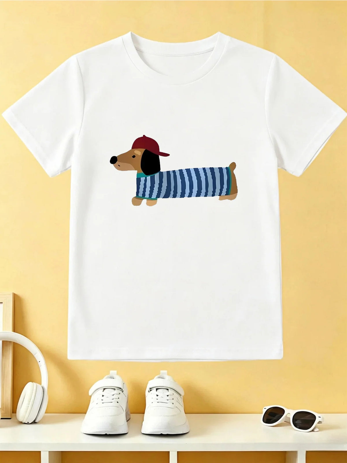 Cartoon Cap Dachshund Dog Tee Striped Cotton Short Sleeve Children Tshirt