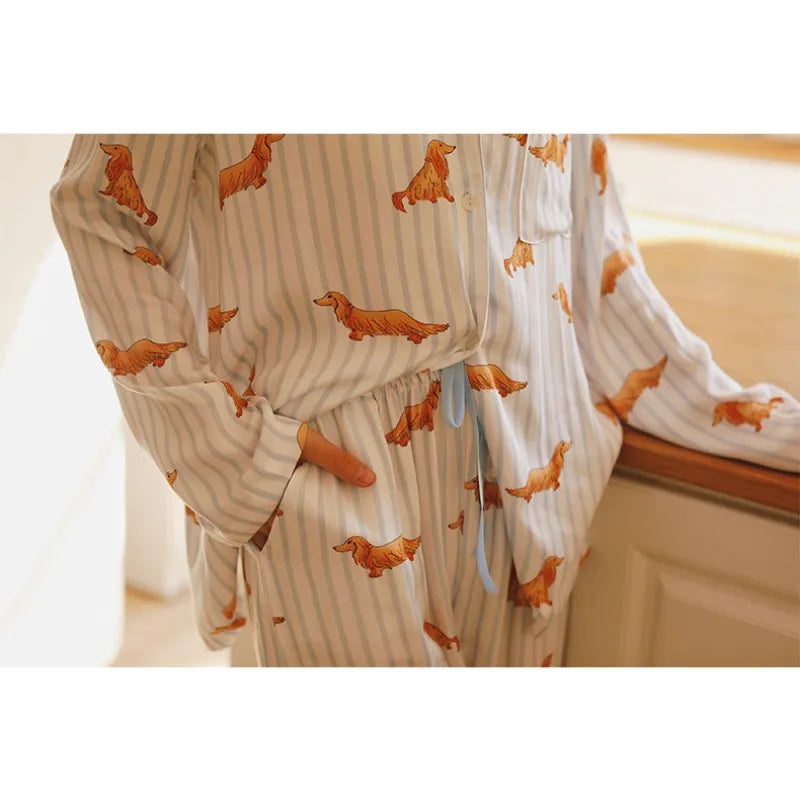 Cute Dachshund Dog Print Pajama Set for Women Soft Viscose Striped Sleepwear Long Sleeve
