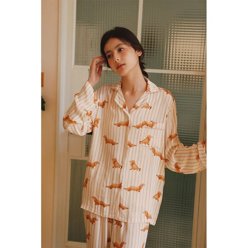 Cute Dachshund Dog Print Pajama Set for Women Soft Viscose Striped Sleepwear Long Sleeve