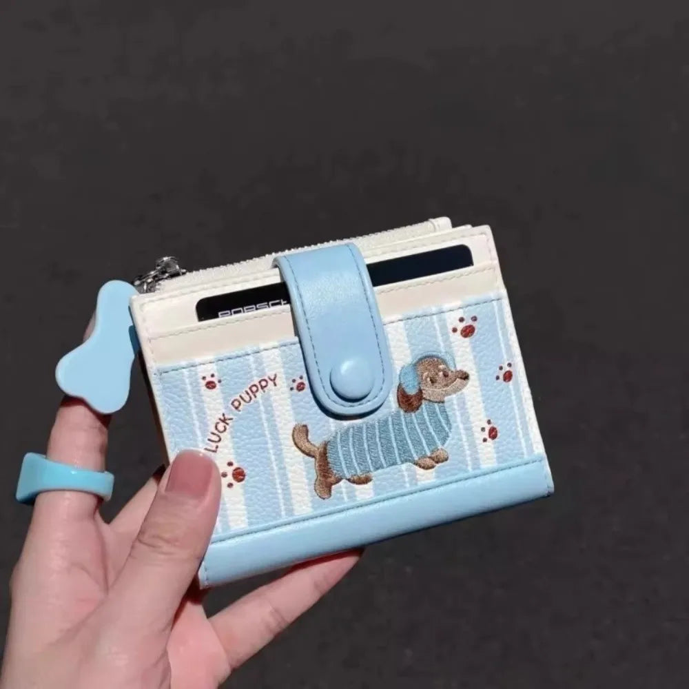 Ins Dachshund Embroidery Short Wallet Dopamine Color Cartoon Dog Card Bag PU Zipper Coin Purse Women Girl