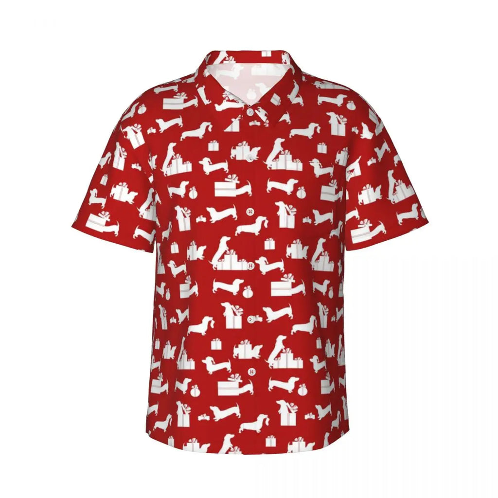 Snow Dachshund Vacation Shirt Mens Christmas Print Casual Shirt for Summer Short-Sleeve Custom