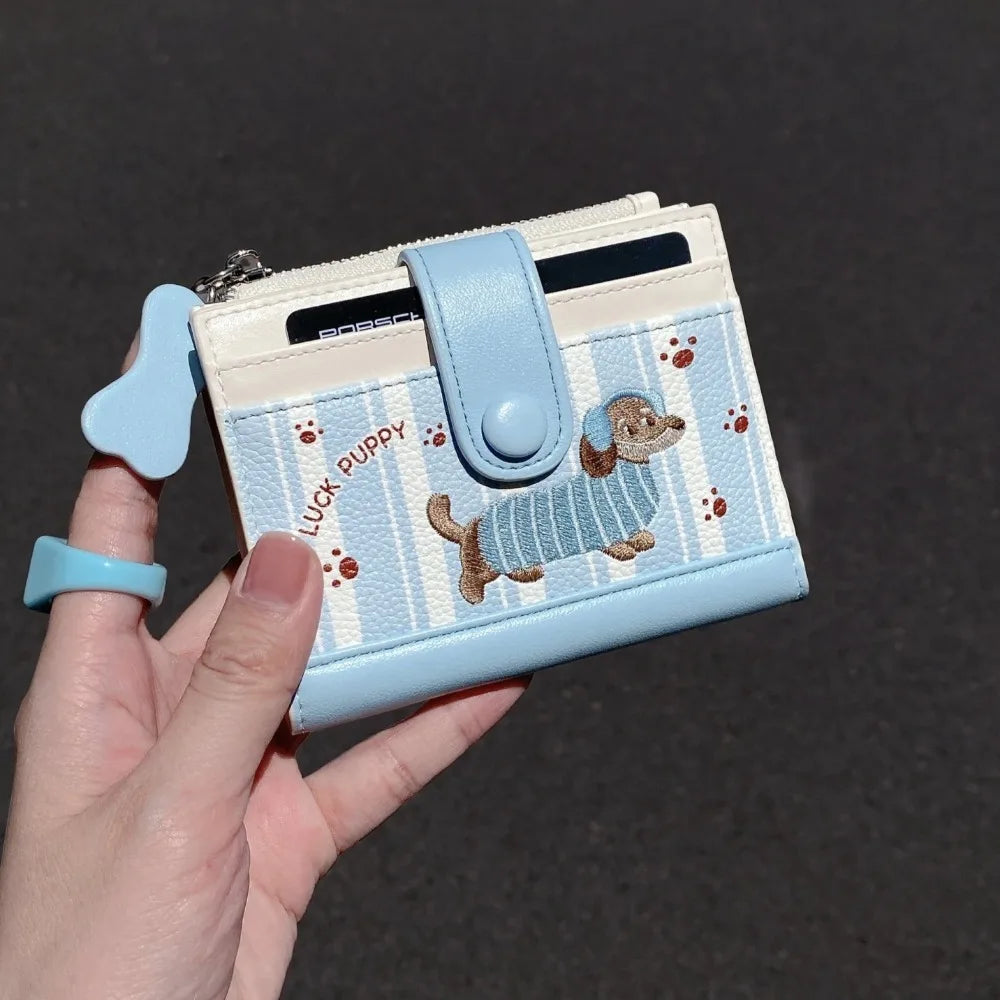 Dachshund Embroidery Short Zip Wallet