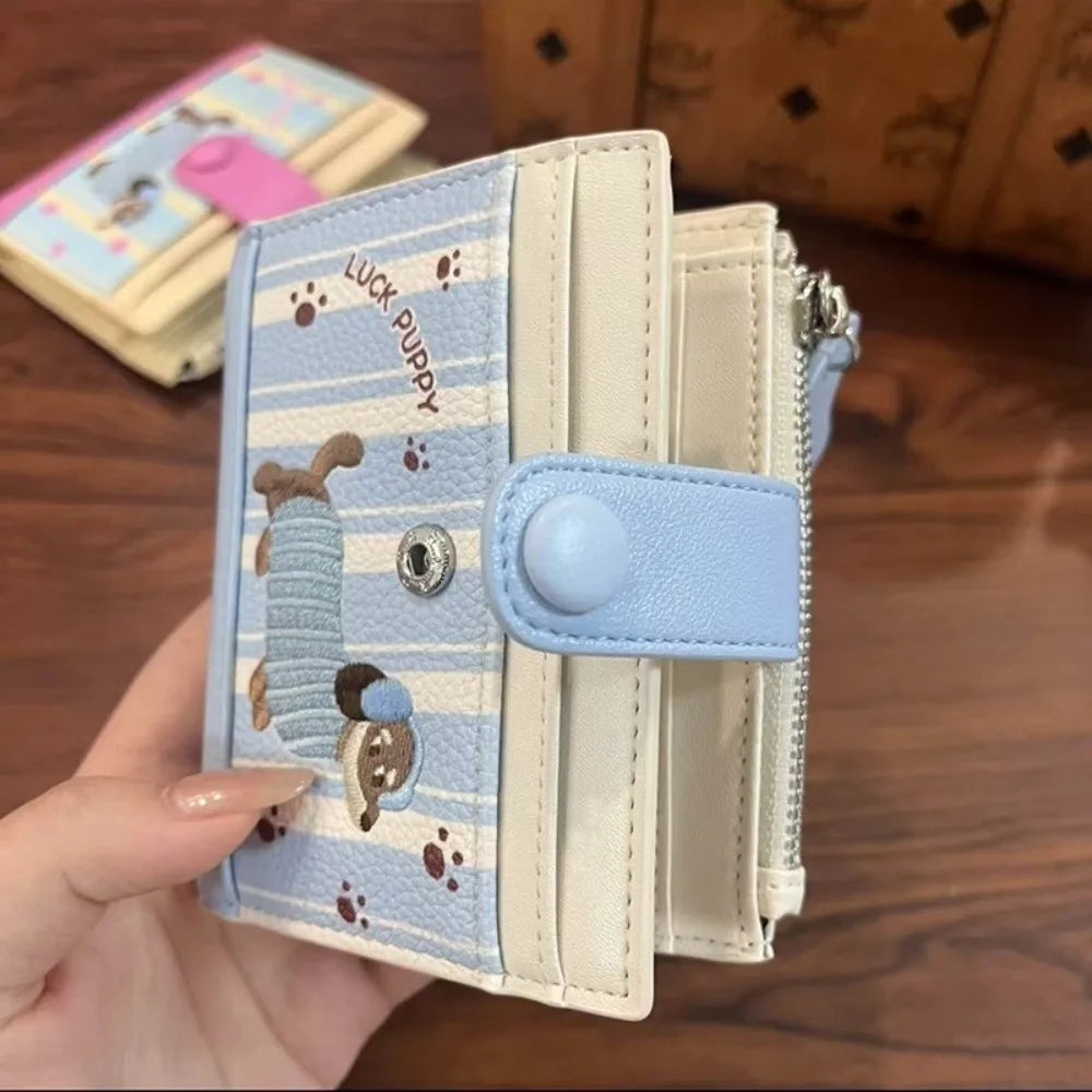Ins Dachshund Embroidery Short Wallet Dopamine Color Cartoon Dog Card Bag PU Zipper Coin Purse Women Girl