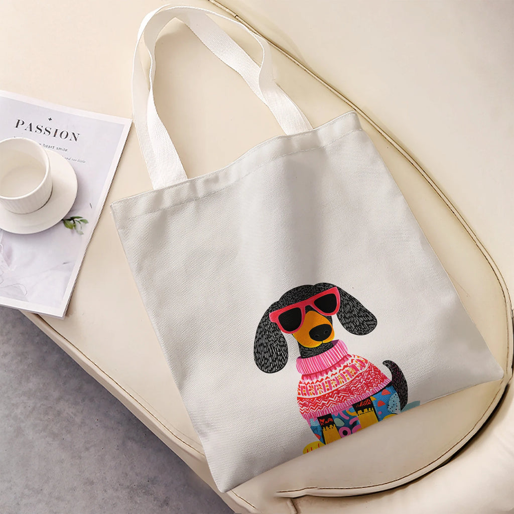 Dachshund Dog Wearing Pink Sunglasses And Knit Sweater Print Tote Bag Large Shoulder Handbag For Shopping Daily Commute