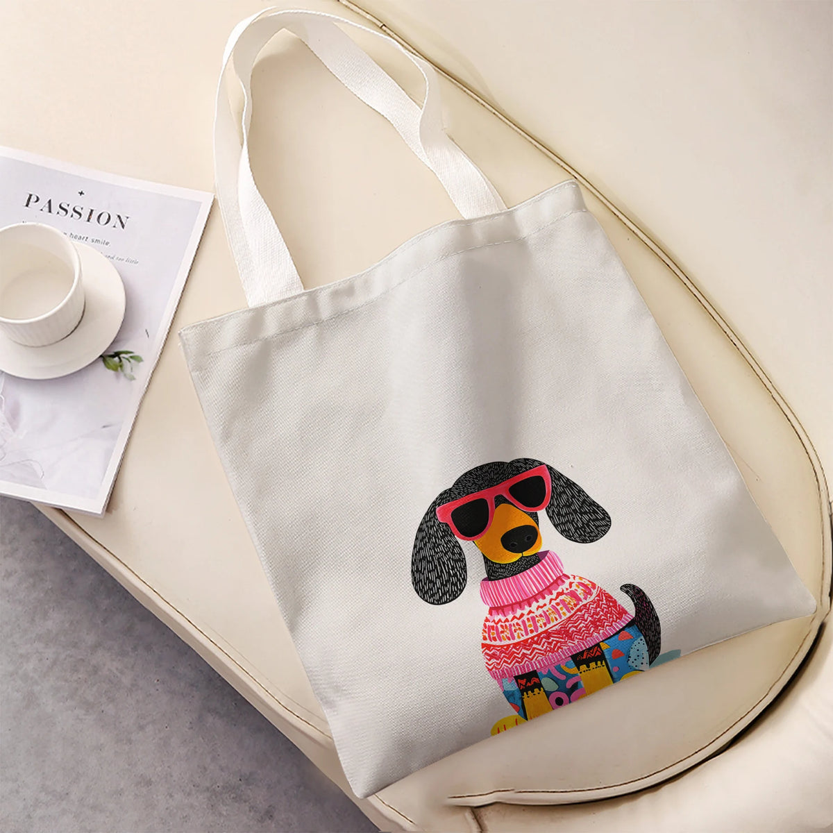 Dachshund Dog Wearing Pink Sunglasses And Knit Sweater Print Tote Bag Large Shoulder Handbag For Shopping Daily Commute