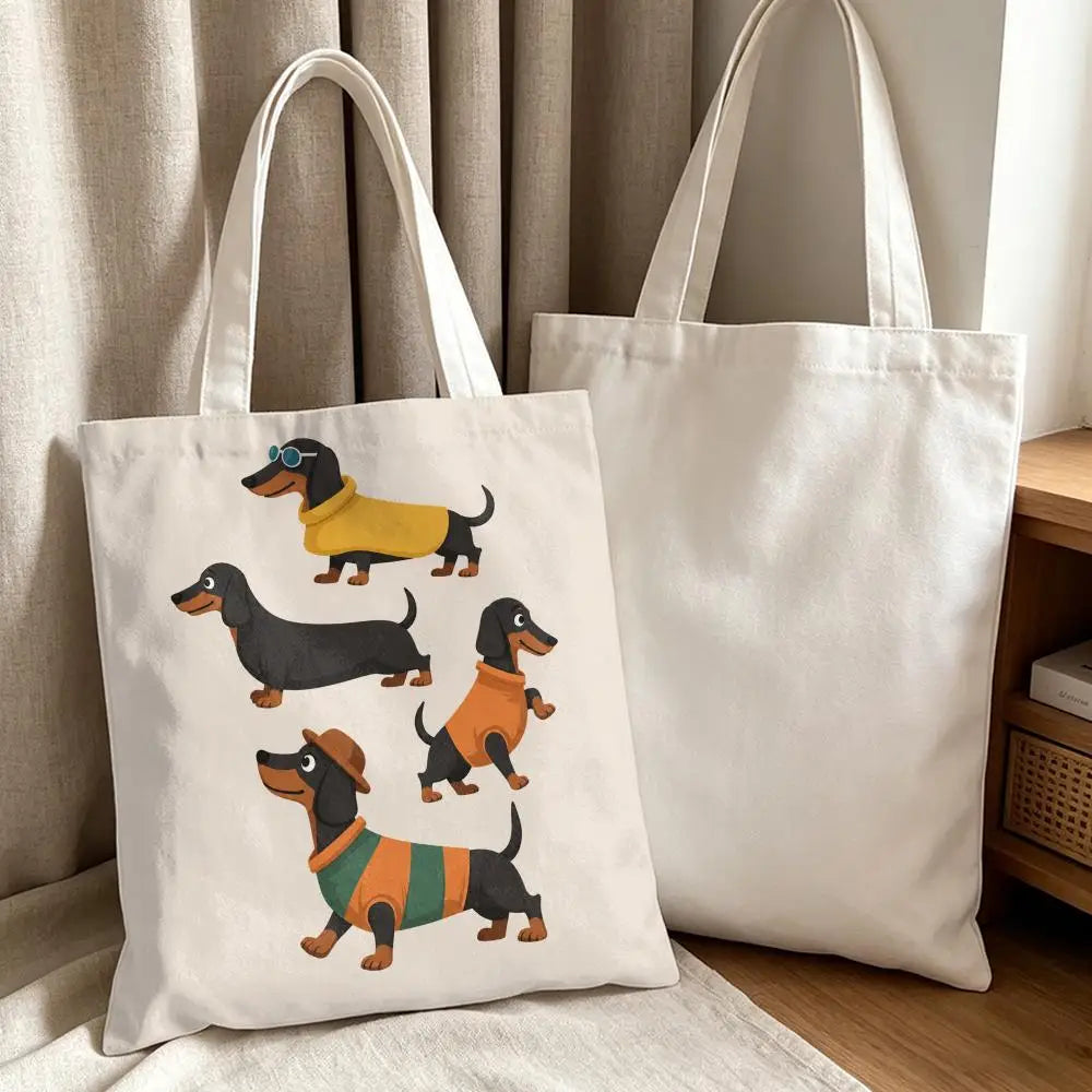 Cute Dachshund Art Canvas Double-Sided Print Tote Bag Large Capacity