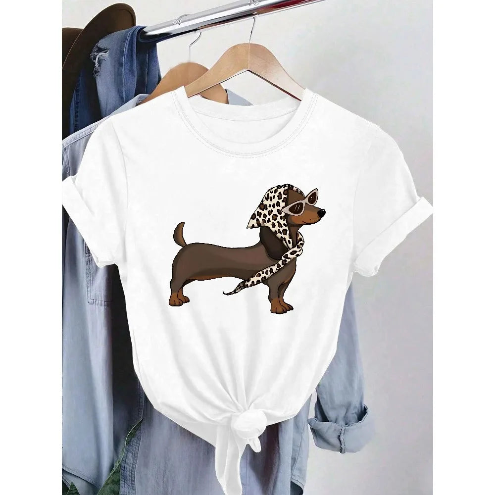 Womens Cute Dachshund Pattern T-shirt Round Neck Top Spring Autumn and Summer Everyday Casual Dog Print Shirt Fun Pattern Design