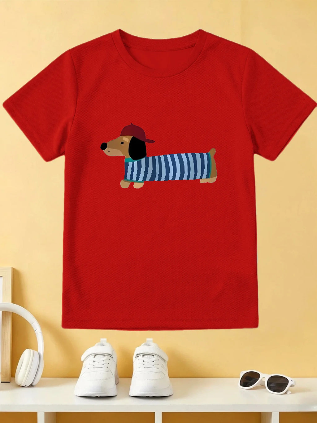 Cartoon Cap Dachshund Dog Tee Striped Cotton Short Sleeve Children Tshirt