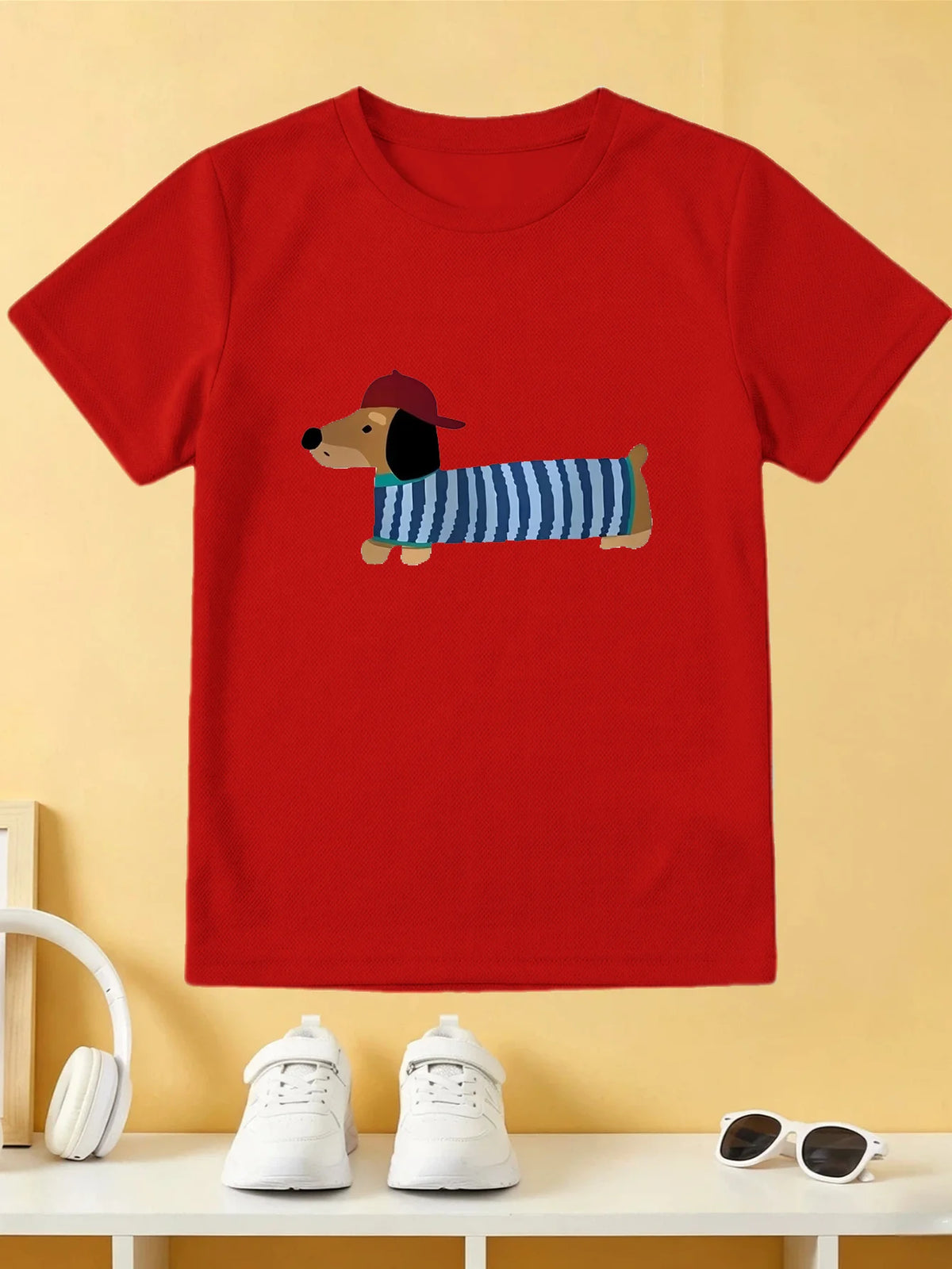 Cartoon Cap Dachshund Dog Tee Striped Cotton Short Sleeve Children Tshirt