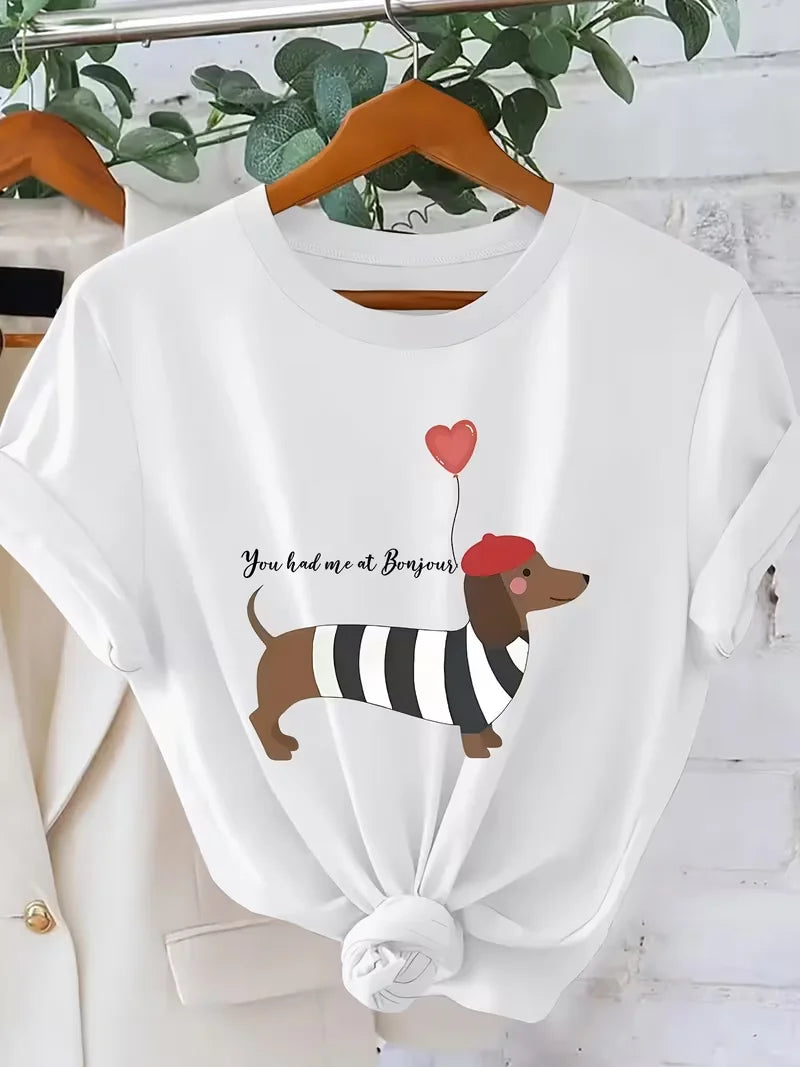 French Style Dachshund T-Shirt Funny Animal Graphic Tee You Had Me At Bonjour Slogan Streetwear Casual Loose Summer Top Unisex
