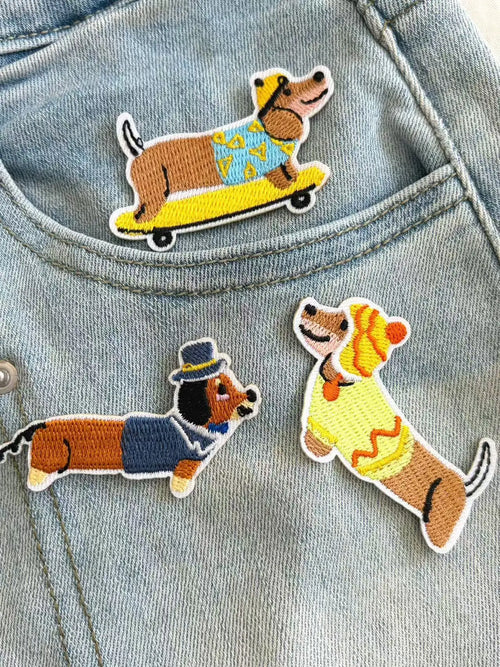 3PCS Dachshund Designed Iron On Patches, Cartoon Skateboard Puppy Sew On Appllique