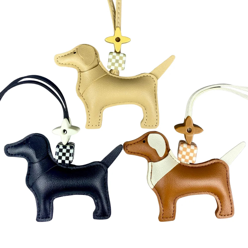 Handcrafted Leather Hound Dog Bag Charm/Keychain - Premium Craftsmanship, 7 Versatile Colors with Elegant Bead Accent-PU Leather