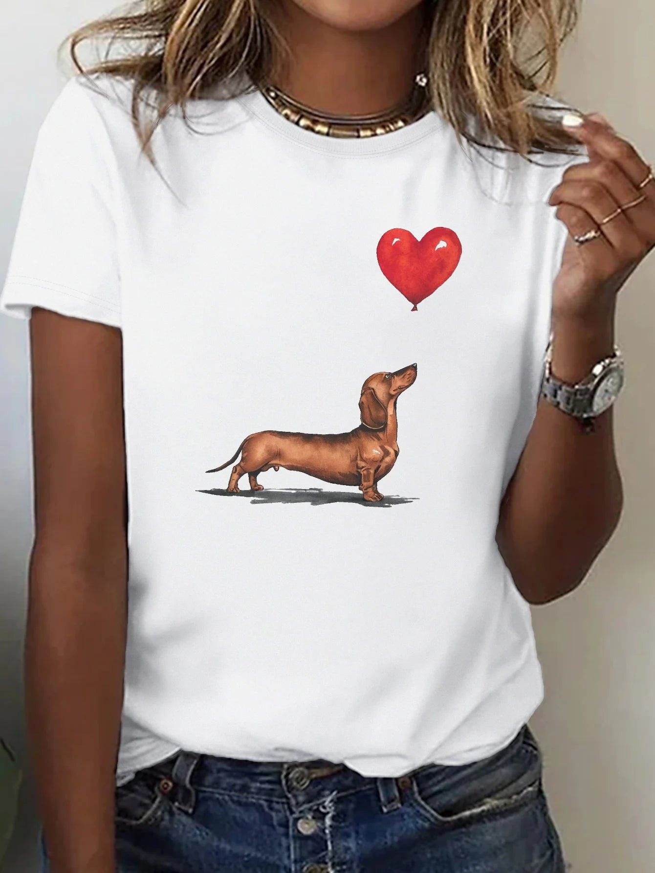 Dachshund and Heart Balloon Print Comfortable Women's T-Shirt Cute T Shirts Feminine Casualwear y2k top women clothes