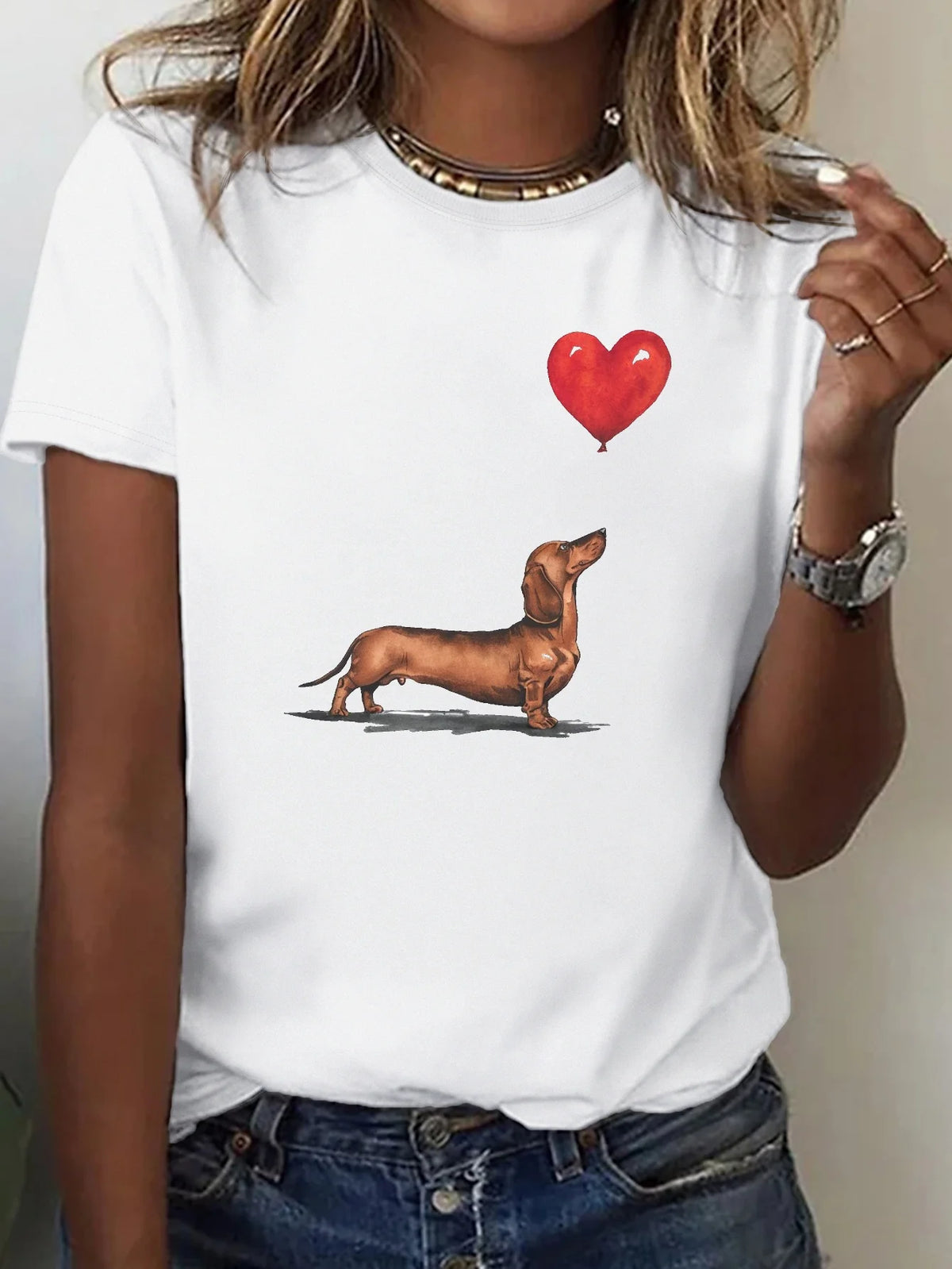 Dachshund and Heart Balloon Print Comfortable Women's T-Shirt Cute T Shirts Feminine Casualwear y2k top women clothes