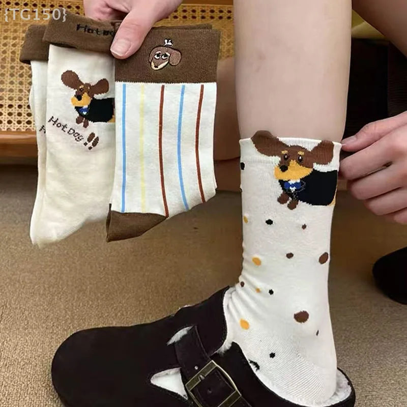 【N】 Funny Dachshund Animal Cotton Socks, Sausage Dog Cartoon Print Autumn Winter Warm Cute Couple Socks