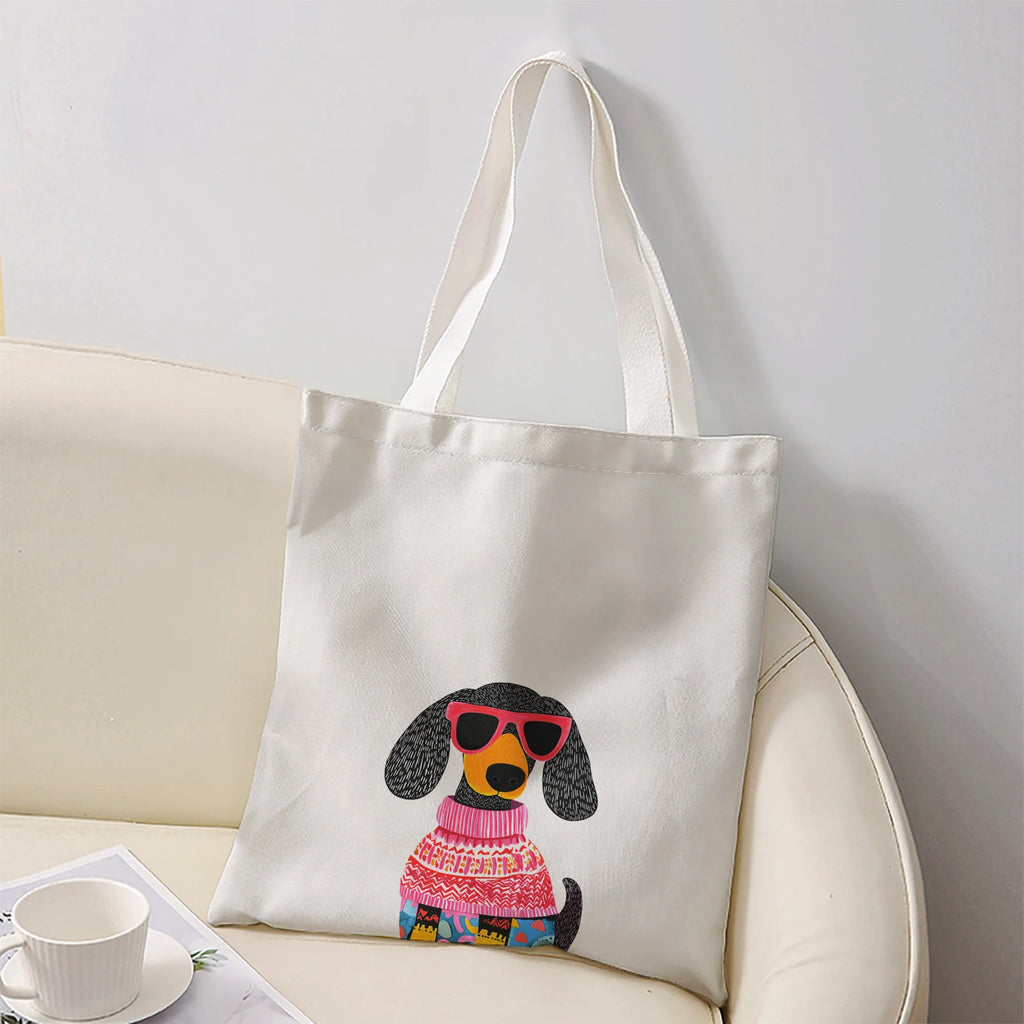 Dachshund Dog Wearing Pink Sunglasses And Knit Sweater Print Tote Bag Large Shoulder Handbag For Shopping Daily Commute