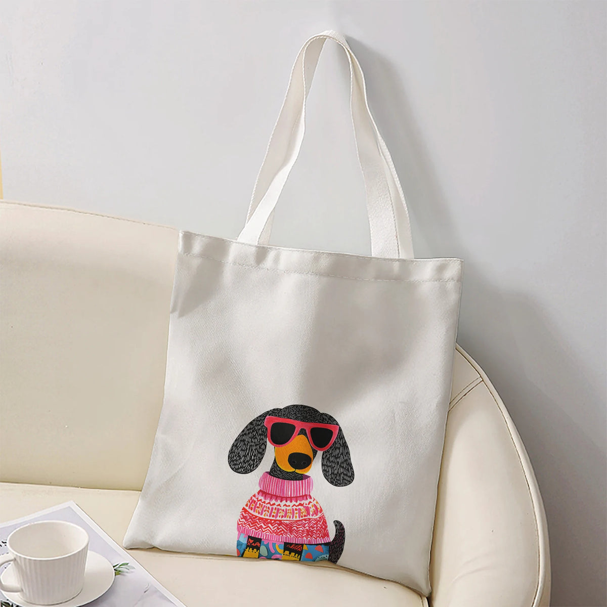 Dachshund Dog Wearing Pink Sunglasses And Knit Sweater Print Tote Bag Large