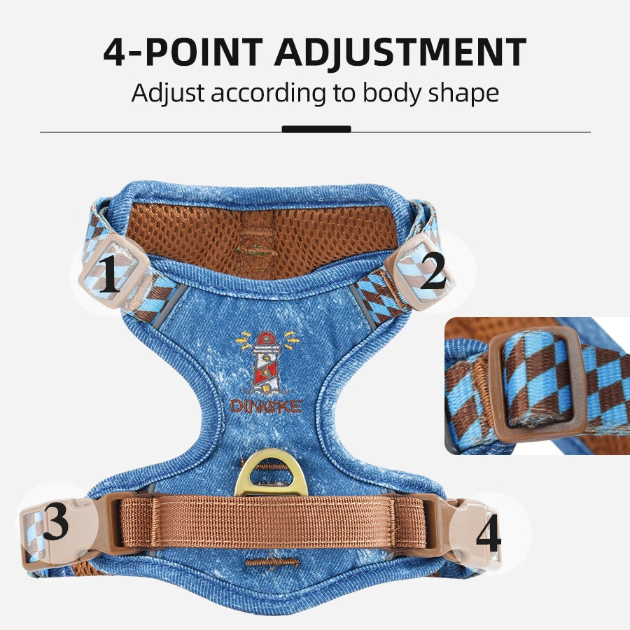 Fashion Denim Dog Harness, No-Pull Front Clip, Adjustable 4 Buckles, Reflective Handle Vest, Breathable Mesh for Small Medium