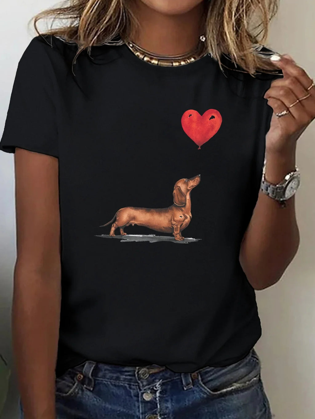 Dachshund and Heart Balloon Print Comfortable Women's t-shirt