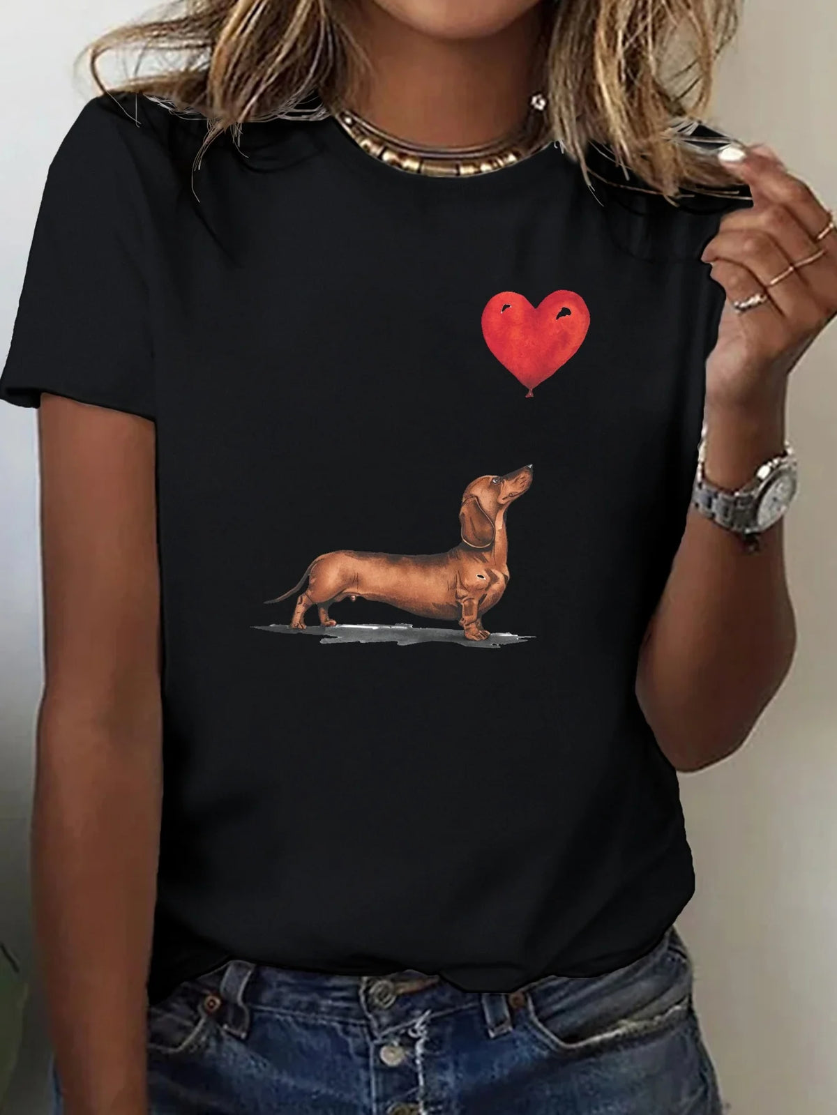 Dachshund and Heart Balloon Print Comfortable Women's t-shirt