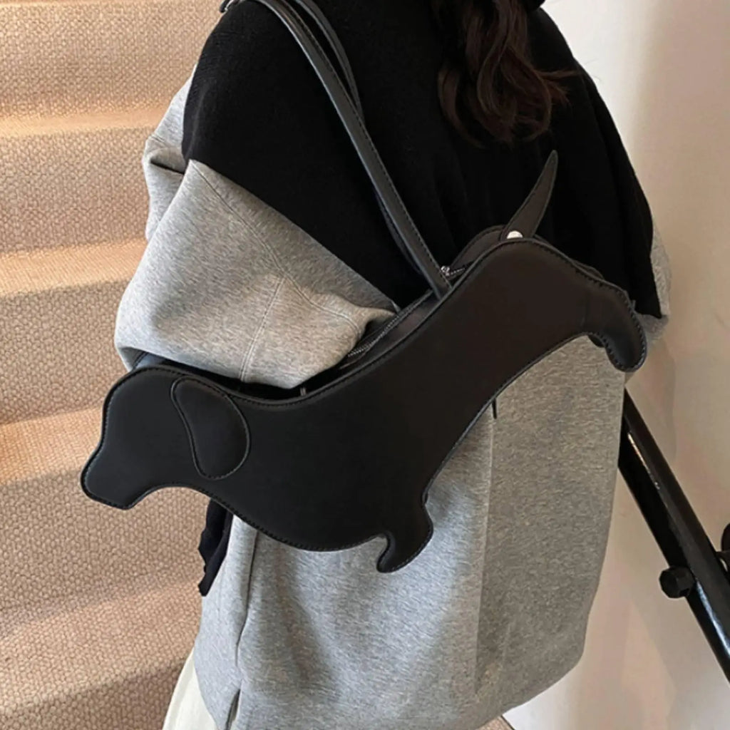 Dachshund Silhouette Women Tote Handbag Faux Leather Dog Purse Novelty Shoulder Bag Stitched Trim for Trendy Outings