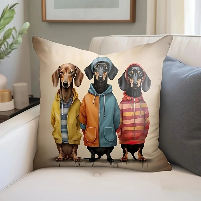Cute Dachshund Dogs in Hoodies Throw Pillow Cover Cushion Case