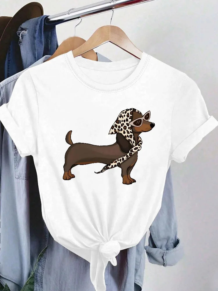 Womens Cute Dachshund Pattern T-shirt Round Neck Top Spring Autumn and Summer Everyday Casual Dog Print Shirt Fun Pattern Design