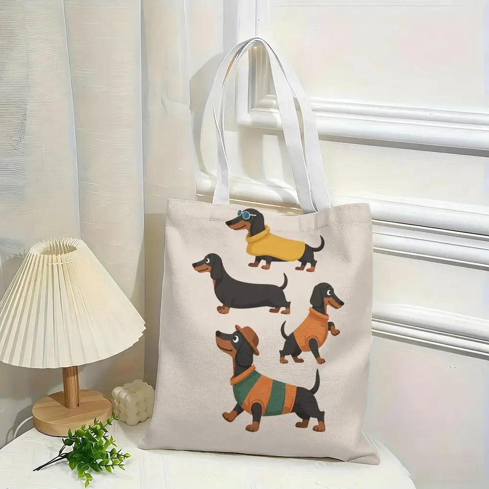 Cute Dachshund Art Canvas Double-Sided Print Tote Bag Large Capacity