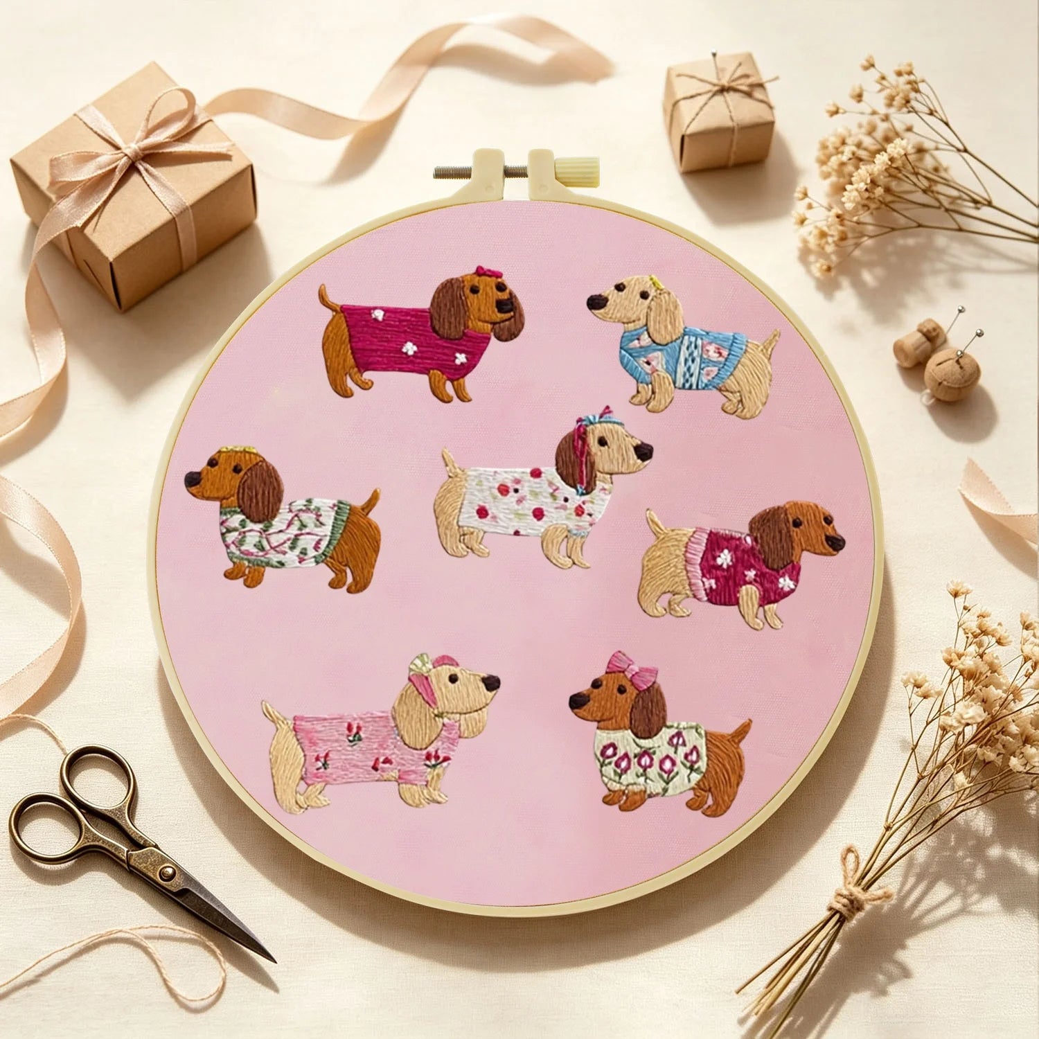 1Set Dachshund Outfits Collection Diy Embroidery Kit For Beginner Embroide Starter Kit Cross Stitch Art Gift Needlework Craft