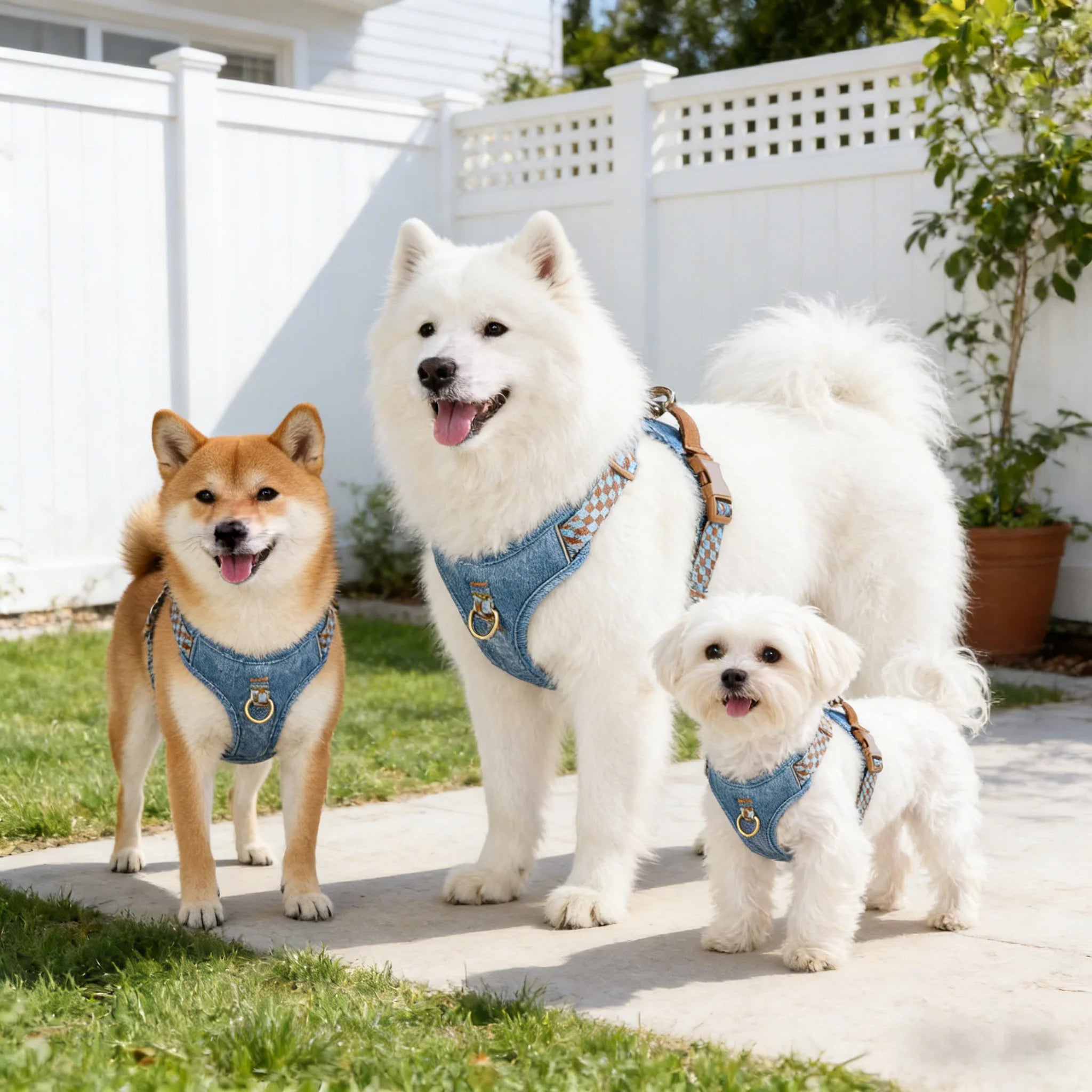 Fashion Denim Dog Harness, No-Pull Front Clip, Adjustable 4 Buckles, Reflective Handle Vest, Breathable Mesh for Small Medium