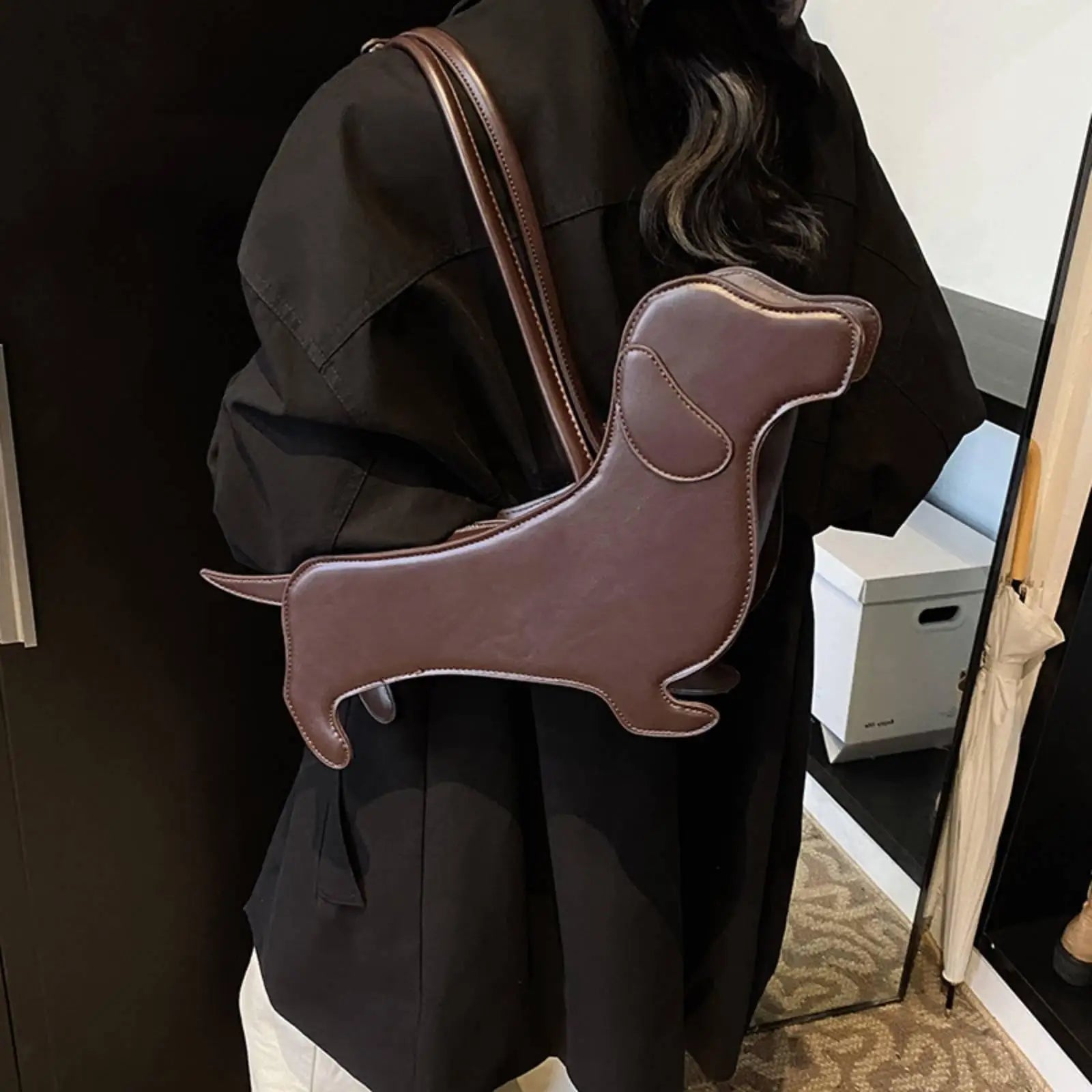 Dachshund Silhouette Women Tote Handbag Faux Leather Dog Purse Novelty Shoulder Bag Stitched Trim for Trendy Outings