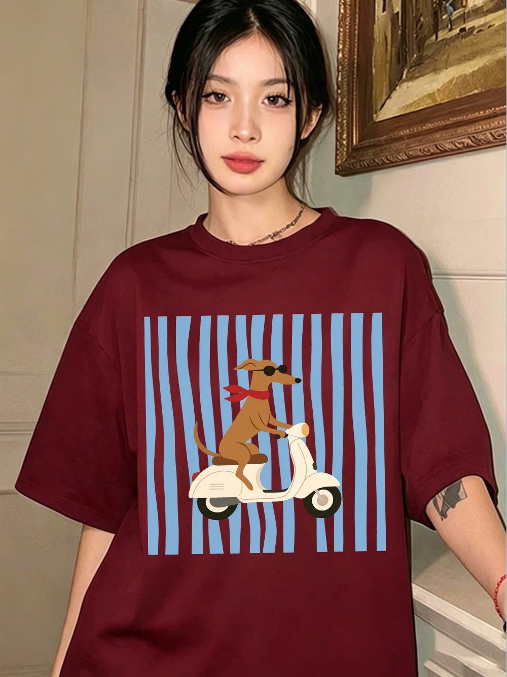Dachshund Dog Scooter Prints T-Shirts Cotton Womens Summer Short Sleeve T Shirts Basic Soft Oversized Tops Casual O-Neck Clothes