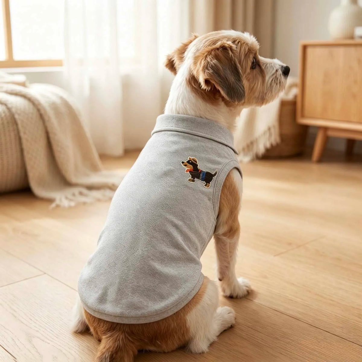 Cartoon Dachshund Embroidered Pet Polo Shirt Soft Breathable Sleeveless Dog Clothing Daily Home Outdoor Walking Outfit