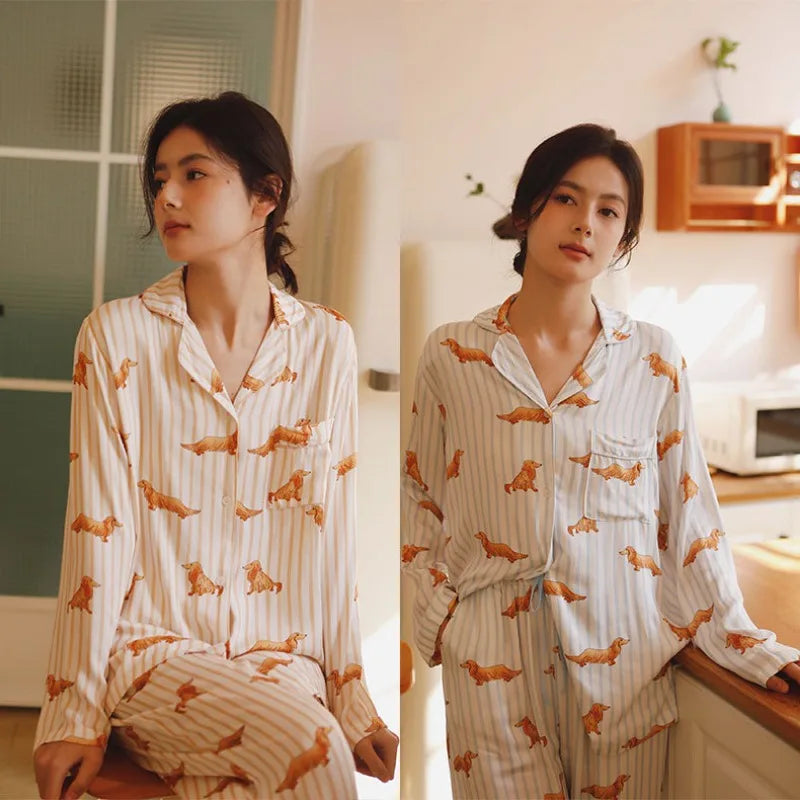 Cute Dachshund Dog Print Pajama Set for Women Soft Viscose Striped Sleepwear Long Sleeve