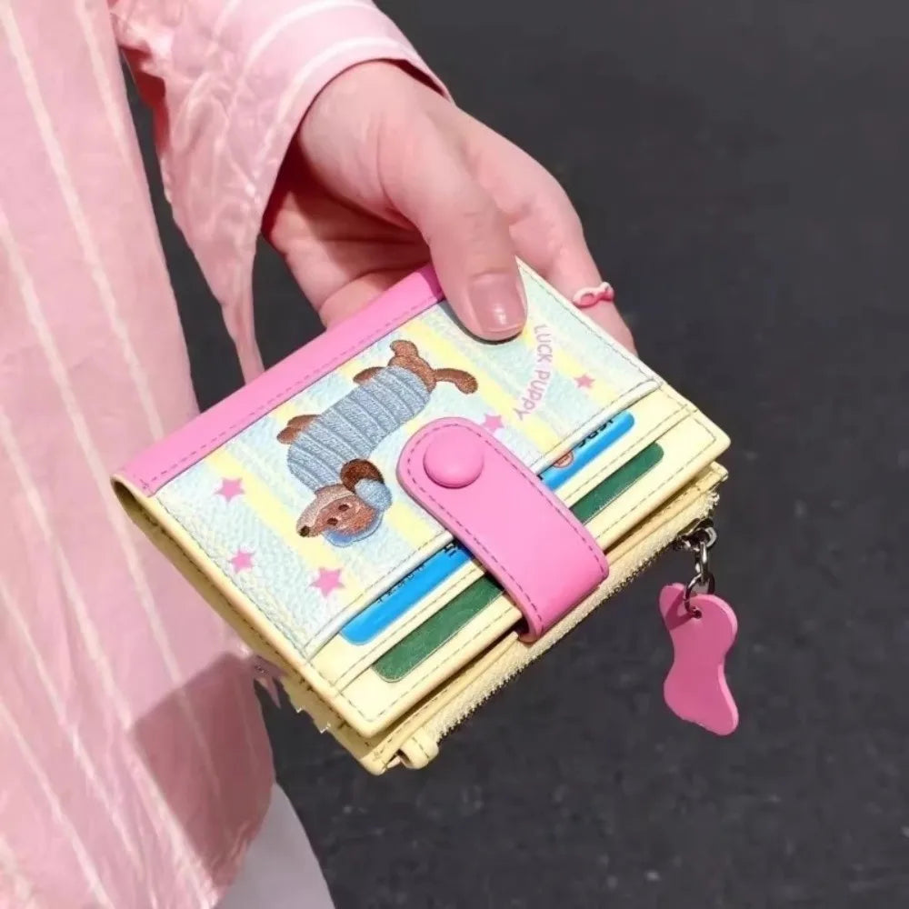 Ins Dachshund Embroidery Short Wallet Dopamine Color Cartoon Dog Card Bag PU Zipper Coin Purse Women Girl