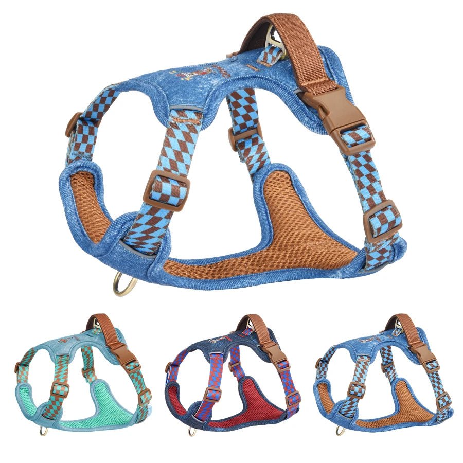 Fashion Denim Dog Harness, No-Pull Front Clip, Adjustable 4 Buckles, Reflective Handle Vest, Breathable Mesh for Small Medium