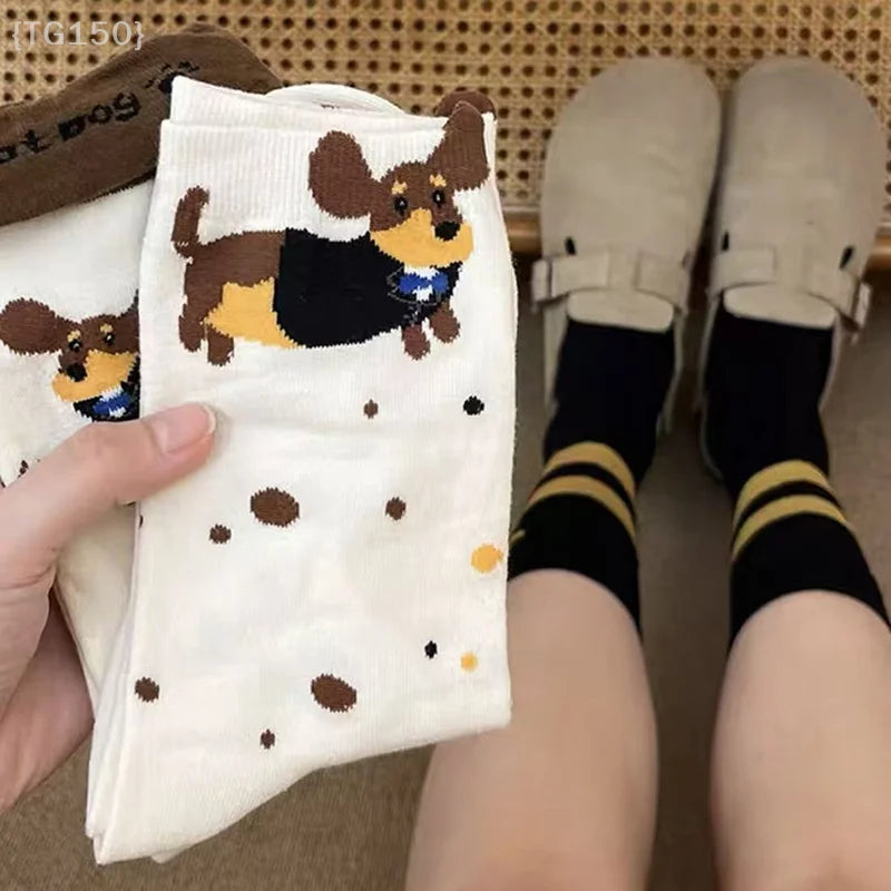 【N】 Funny Dachshund Animal Cotton Socks, Sausage Dog Cartoon Print Autumn Winter Warm Cute Couple Socks