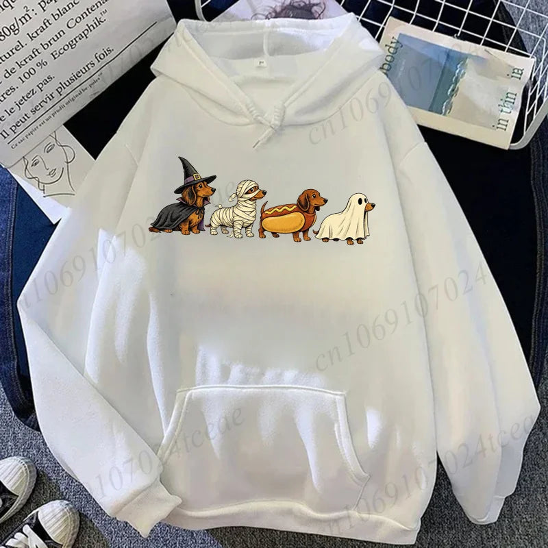 Halloween Dachshund Hoodie Women Men Matching Family Graphic Hooded Sweatshirts Halloween Cute Weiner Dog Halloween Design Hoody