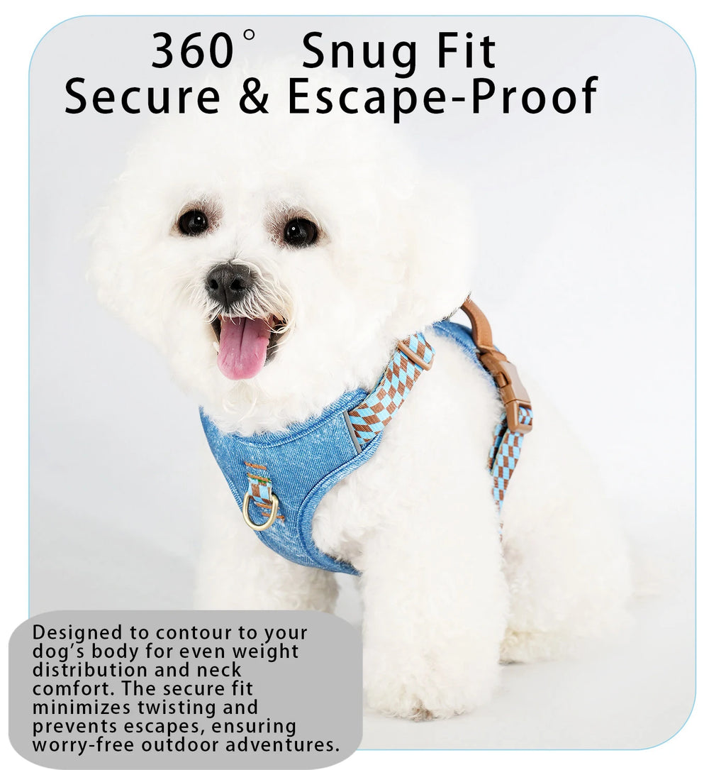 Fashion Denim Dog Harness, No-Pull Front Clip, Adjustable 4 Buckles, Reflective Handle Vest, Breathable Mesh for Small Medium
