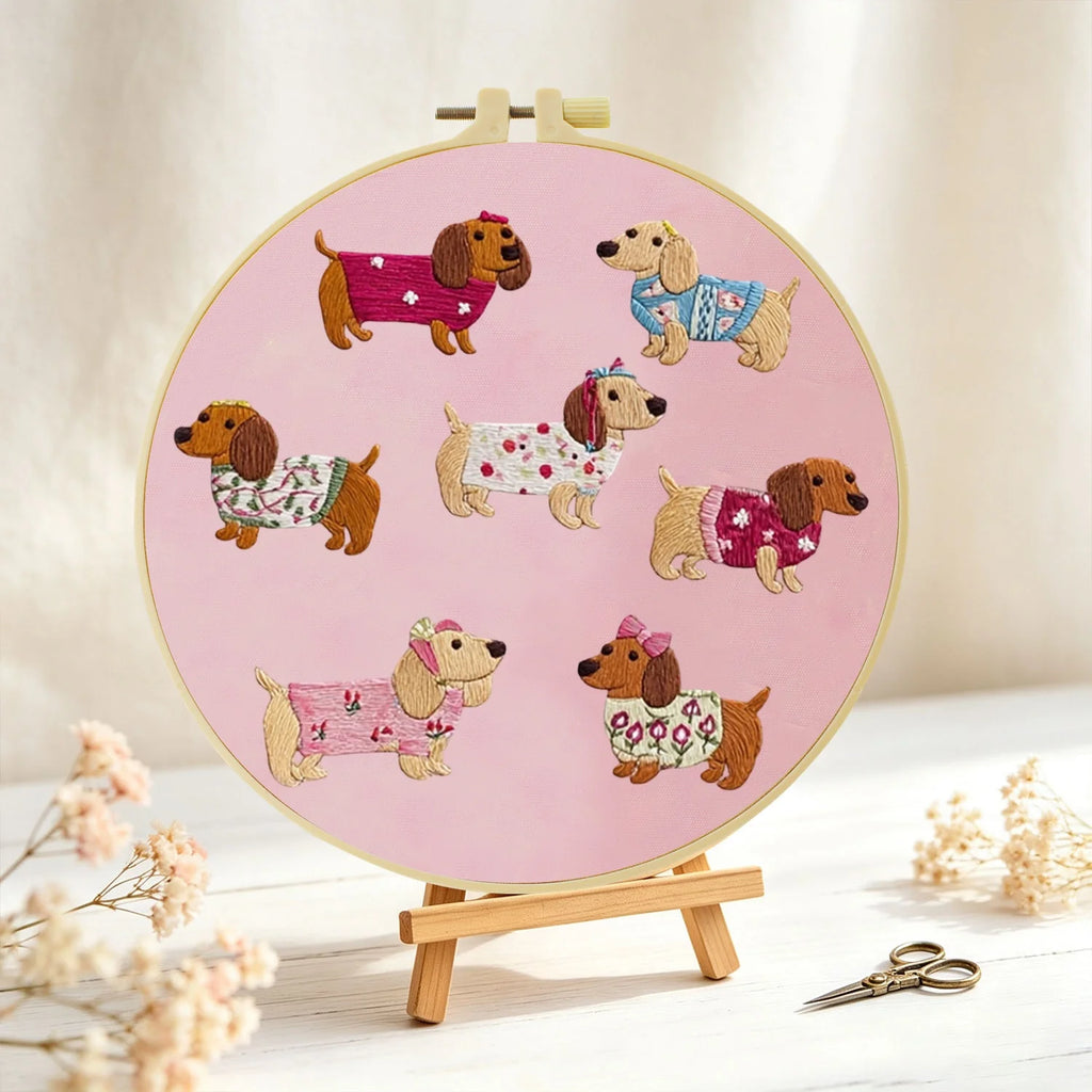 1Set Dachshund Outfits Collection Diy Embroidery Kit For Beginner Embroide Starter Kit Cross Stitch Art Gift Needlework Craft