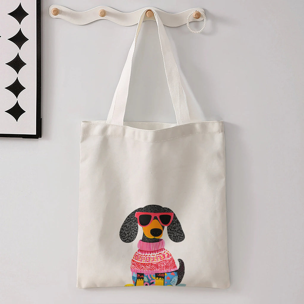 Dachshund Dog Wearing Pink Sunglasses And Knit Sweater Print Tote Bag Large Shoulder Handbag For Shopping Daily Commute