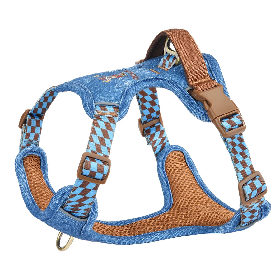 Fashion Denim Dog Harness, No-Pull Front Clip, Adjustable 4 Buckles, Reflective Handle Vest, Breathable Mesh for Small Medium