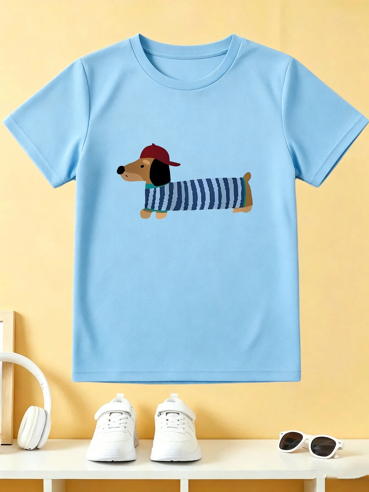 Cartoon Cap Dachshund Dog Tee Striped Cotton Short Sleeve Children Tshirt