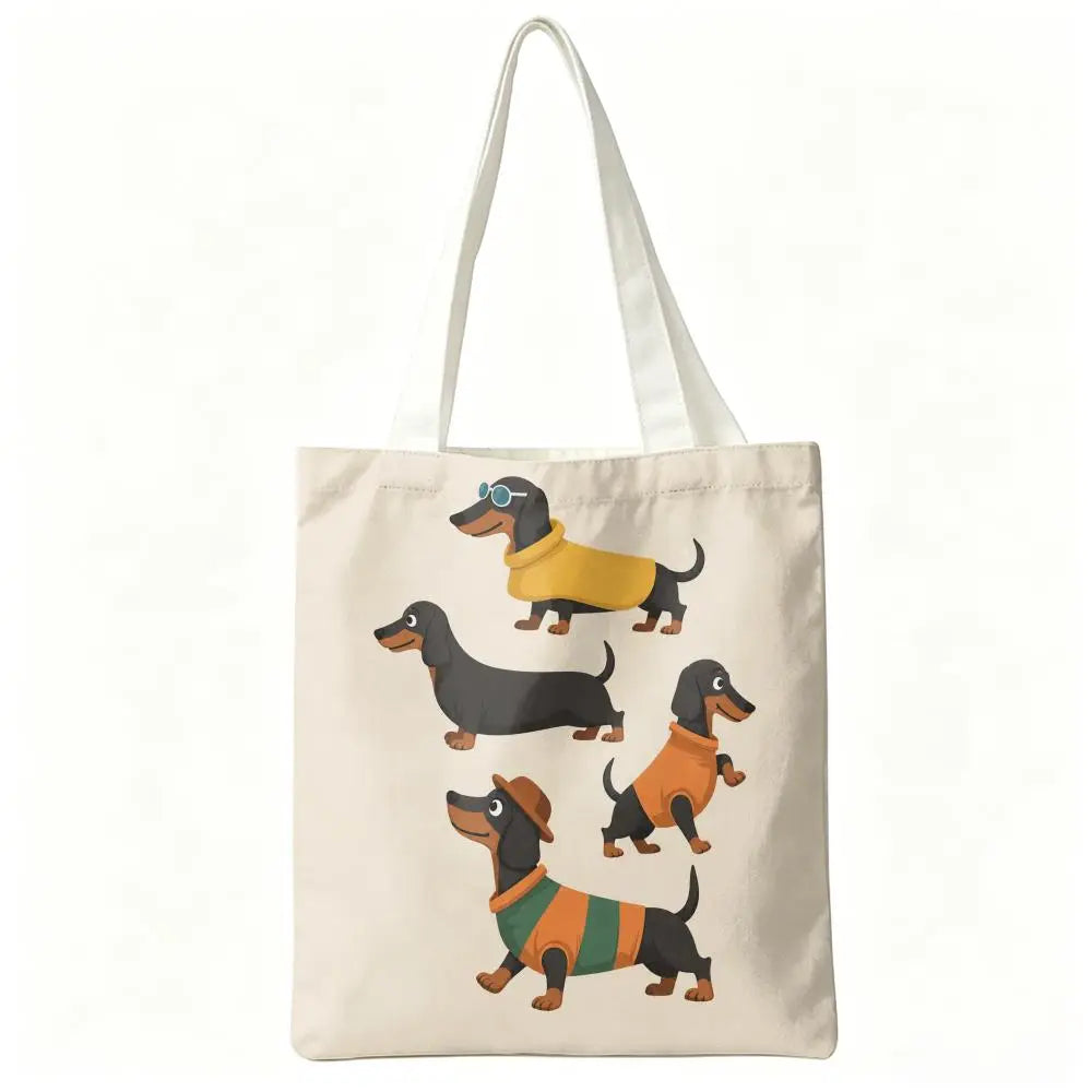 Cute Dachshund Art Canvas Double-Sided Print Tote Bag Large Capacity
